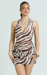 Hattie Mini Dress - Scoop Halter Neck Drape Front Dress in Chocolate