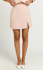 Iggy Mini Skirt - High Waist Split Boucle Skirt in Pink