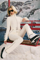 Fleece-Lined Belted Ski Suit in Ice White