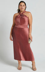 Marlette Midi Dress - Pleated Open Back Halter Dress in Rust