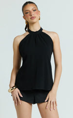 Kala Top - High Neck Tie Waist Linen Blend Peplum Top in Black