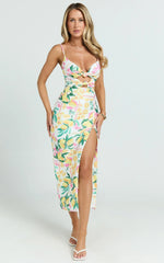 Janice Midi Dress - Knot Detail Front Split Dress in Le Citron