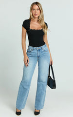Raymond Bodysuit - Lace Square Neck Short Sleeve Bodysuit in Black