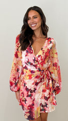 Jemma Long Sleeve Mini Dress - Pink Abstract